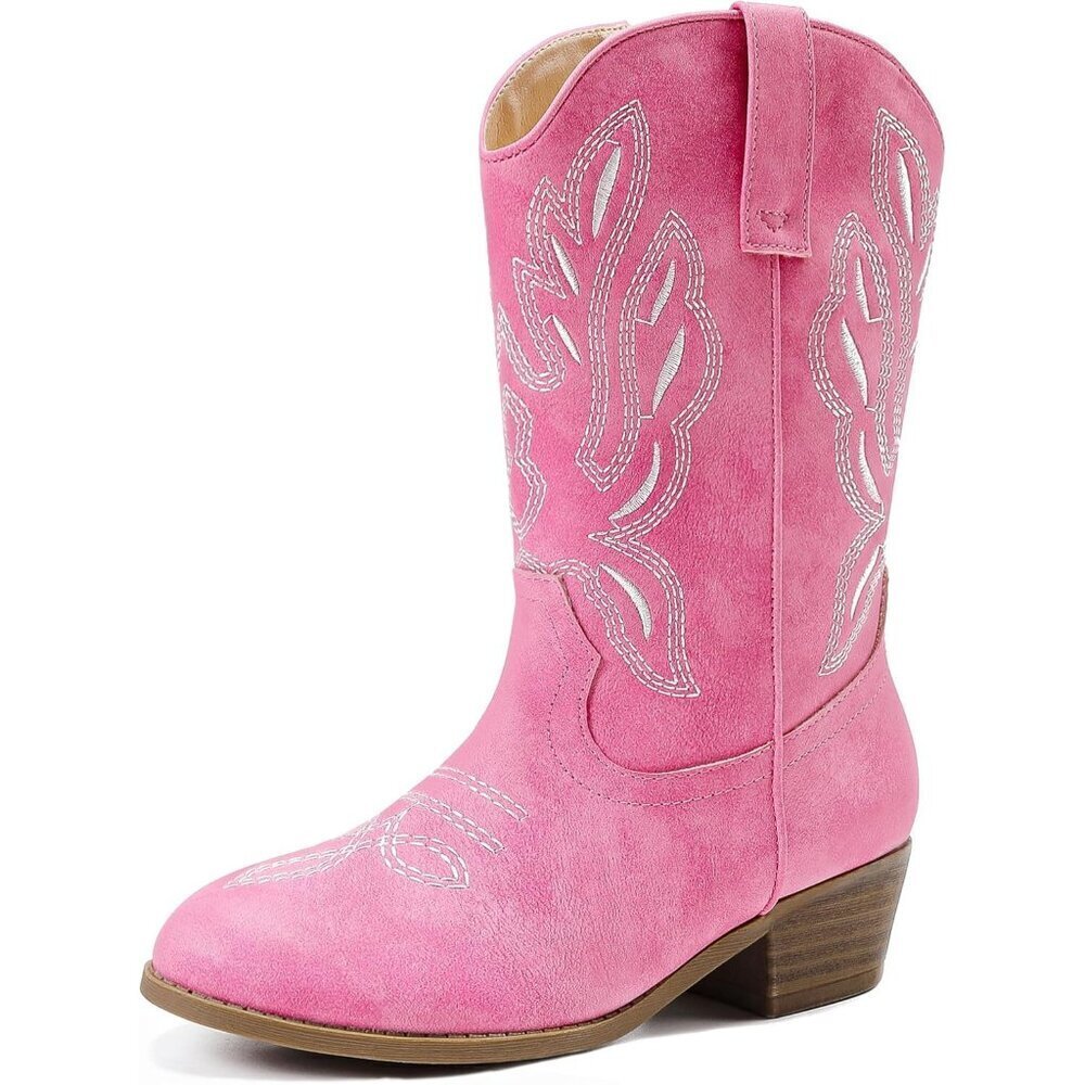 Kids Pink Pointed Toe Side Zipper Classic  Embroidered Horse Riding Shoes